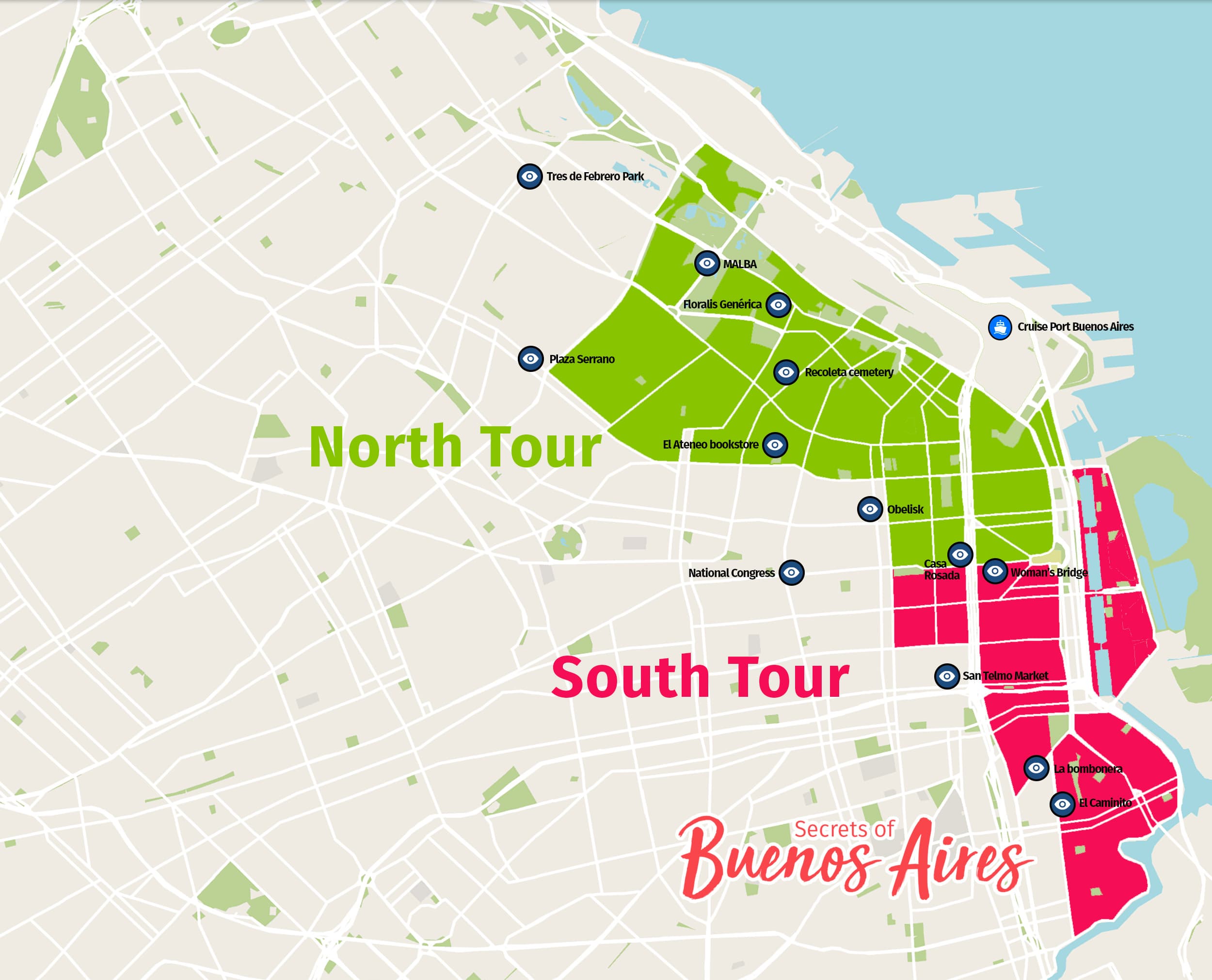 Map City Tour North and South Buenos Aires