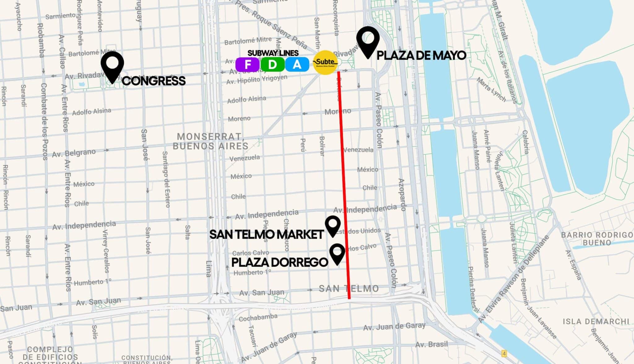 Location of San Telmo Fair in Buenos Aires Feria de San Telmo Map