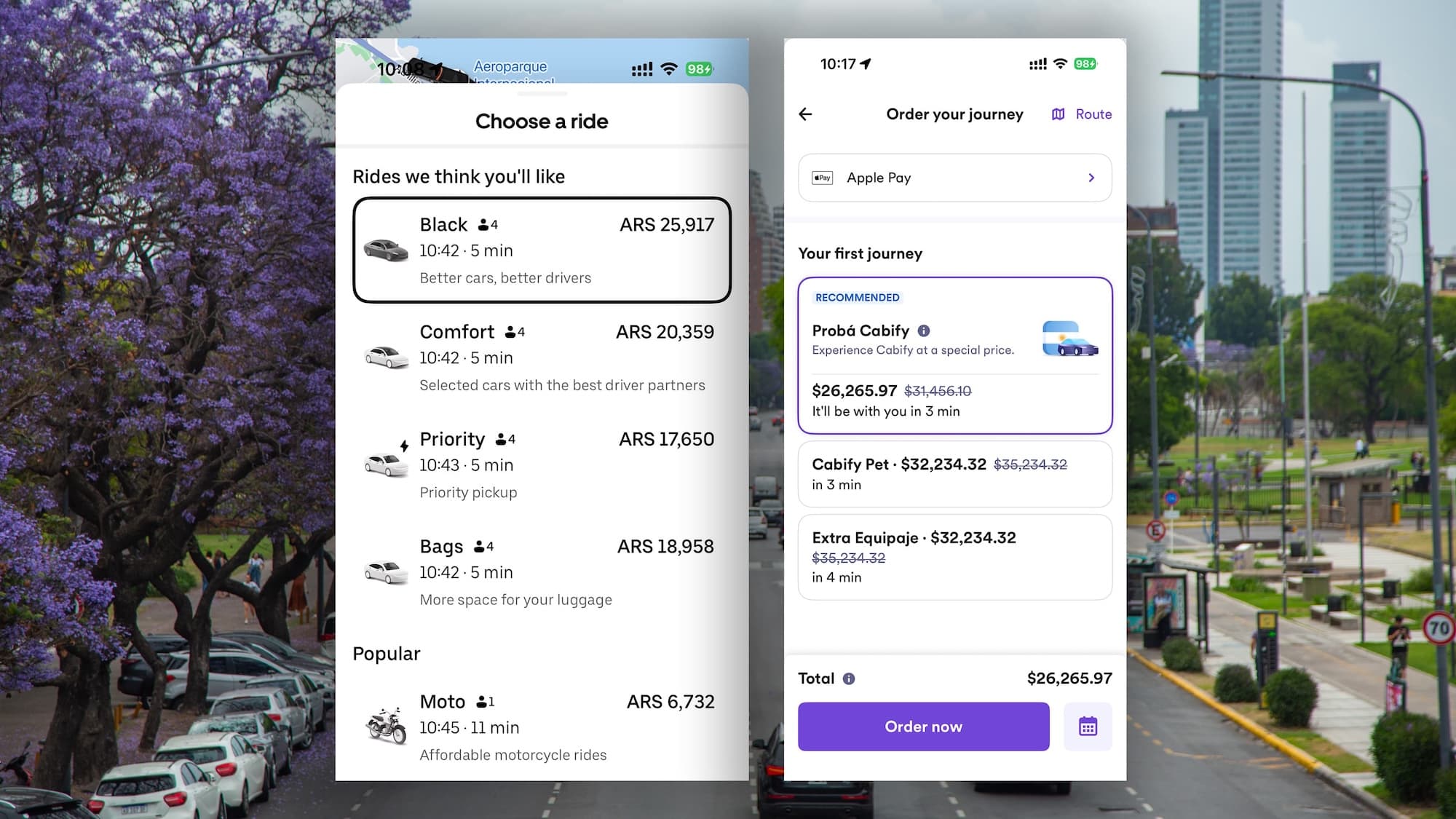 Layout do app do Uber e do Cabify em Buenos Aires